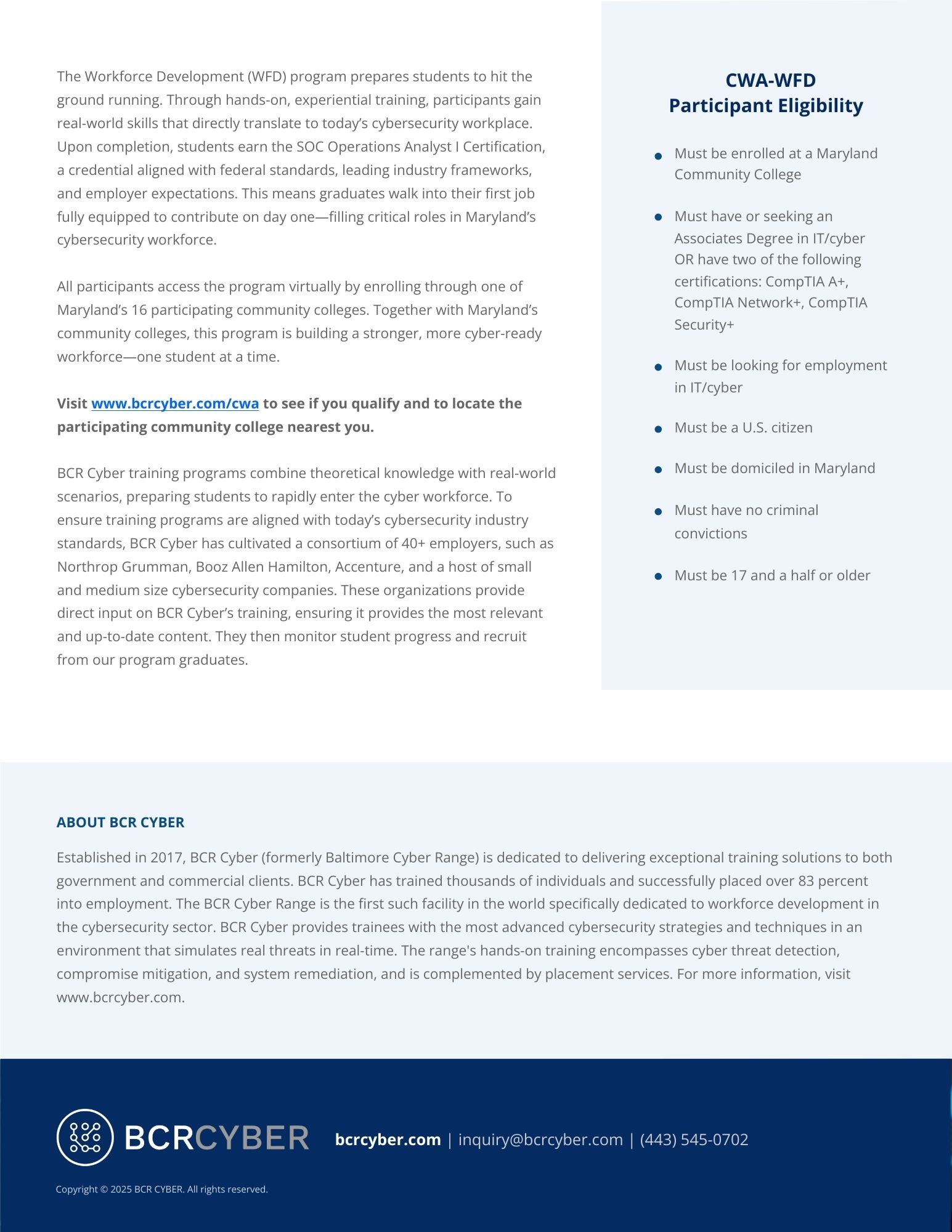 BCR Cyber Workforce Development Program flyer outlining eligibility, program benefits, SOC Operations Analyst I training details, cyber range experiential learning, participating Maryland community colleges, and key employer partners. Includes information about no-cost training, certification requirements, and BCR Cyber’s mission to build Maryland’s cybersecurity workforce.
