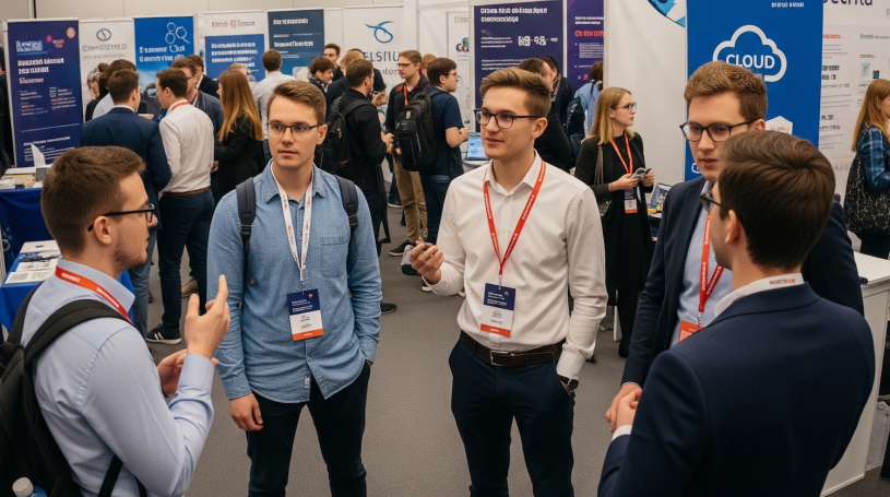 A group of young, diverse professionals connect at a tech industry event, sharing ideas and building their networks.