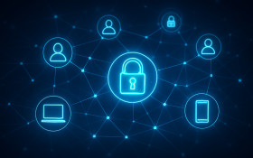 A digital web of glowing interconnected icons representing people, locks, and devices — symbolizing shared cybersecurity responsibility and layered defense.